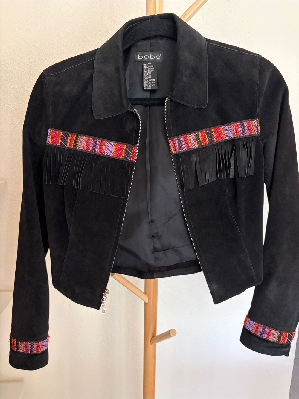 Gorgeous Vintage Bebe Black Suede Fringe Jacket with Colorful Woven Trim